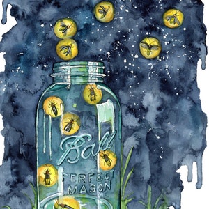 Watercolor Firefly Jar Painting - Print titled, "A Summer Night"Lightning Bug, Firefly Decal, Firefly Art, Night Sky, Mason Jar, Firefly Jar