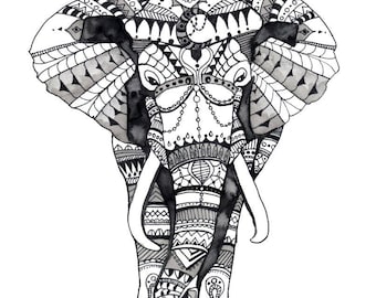 Watercolor Elephant Painting - Print Titled "Tribal Elephant"Elephant Painting, Elephant Decor, Elephant Nursery, Watercolor Print, Painting
