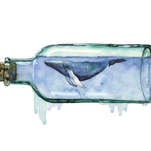 Watercolor Painting, Whale Painting, Whale Art, Whale in Bottle, Bottle Art, Whale Print, Beach Decor, Nautical, Print titled, "Sea Glass"