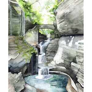 Watkins Glen Painting - Print from my Original Watercolor Painting, "Watkins Glen", Woodland Decor, Forest, Watercolor Landscape, Waterfall