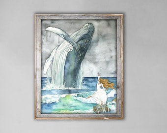 XLARGE Watercolor Dancer and Whale Painting - Sizes 16x20 and up, Humpback, Whale Art, Whale Painting, Whale Nursery, Whale Print