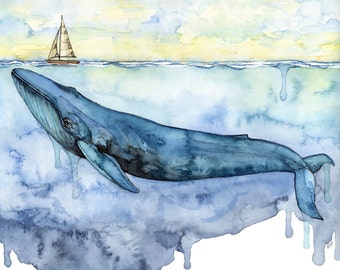 Whale Painting - Print of Blue Whale under Sailboat, Watercolor Painting, Whale Art