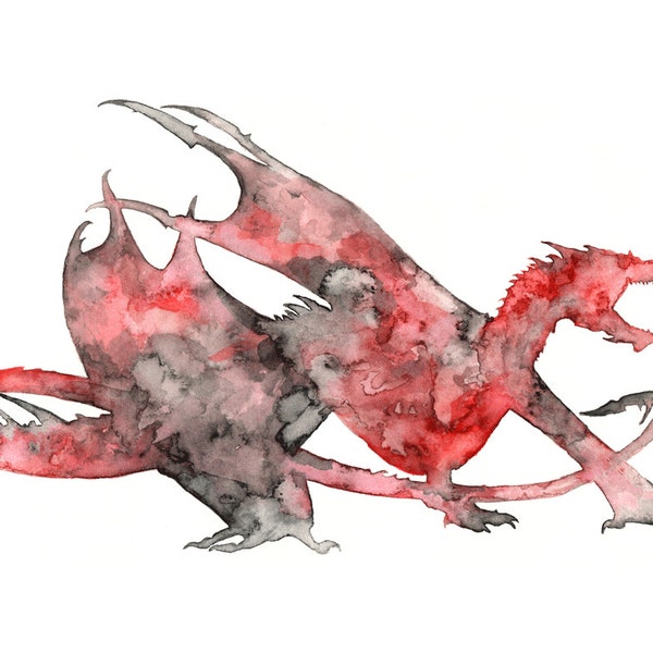 Dragon Silhouette - Dragon Painting, Dragon Art, Fantasy Art, Fantasy Painting, Jrr, Lord, Red Dragon, Rings, Middle, Fantasy Print,  Earth