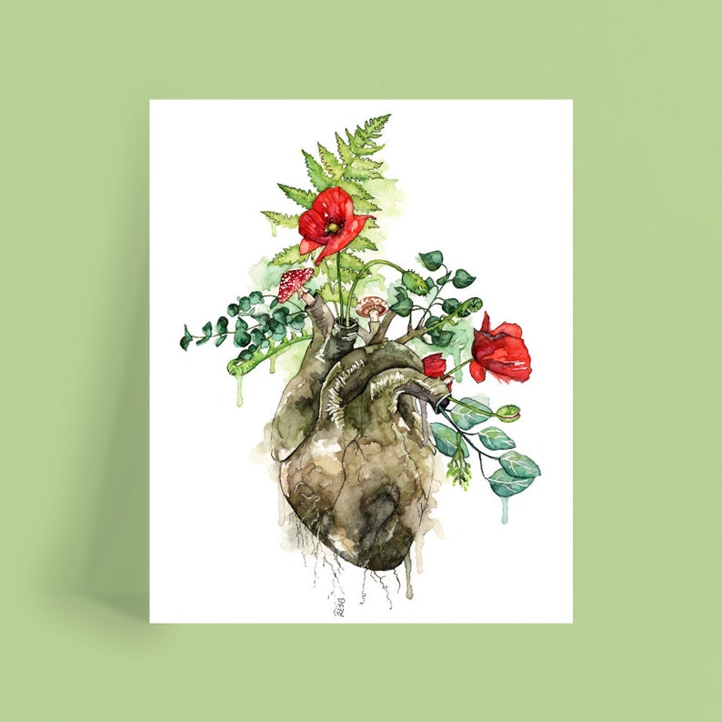 Pintura de acuarela, Corazón anatómico, Impresión anatómica del corazón, Botánico, Corazón humano, Corazón, Flores de acuarela, Impresión titulada Overgrown imagen 2