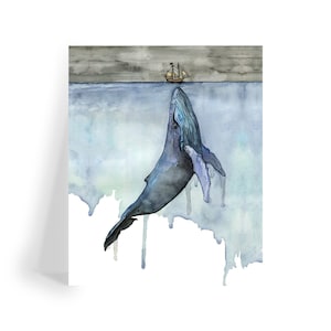 May include: A watercolor painting of a blue whale breaching the surface of the ocean. A small sailboat is in the distance. The painting has a blue, gray, and white color scheme.