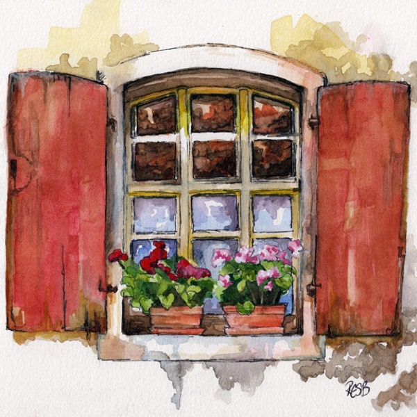 Window Painting - Print from Original Watercolor Painting, "Red Window", Garden Decor, Red Geraniums