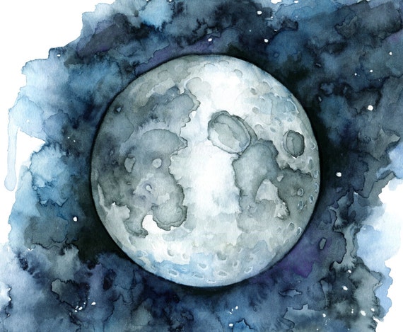 水彩画、月の絵、月のプリント、月の満ち欠け、満月、夜空の