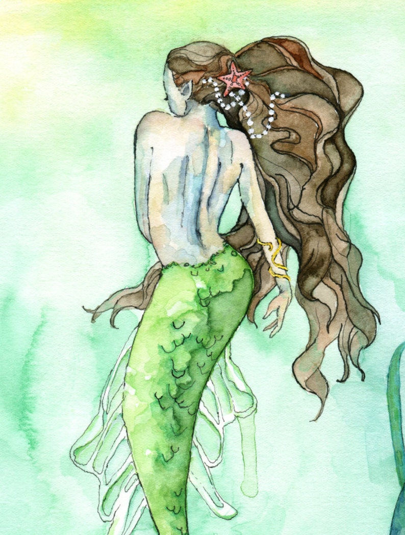 May include: Watercolor painting of a mermaid with long brown hair, a green tail, and a starfish in her hair. The mermaid is facing away from the viewer and has a pearl necklace.