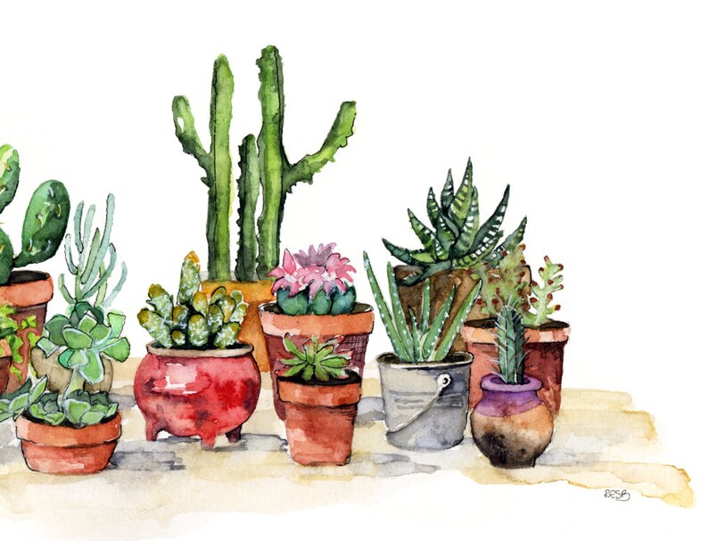Potted Succulents Painting Watercolor Print titled, Potted Plants, Succulent, Cactus Print, Botanical, Succulent Plants, Painting, Print image 4
