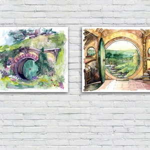 May include: Two watercolor paintings of a hobbit hole. The first painting shows the exterior of the hobbit hole with a green door. The second painting shows the interior of the hobbit hole with a round door that opens to a view of a green valley.