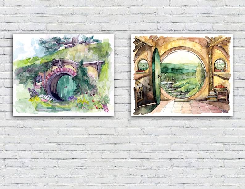 May include: Two watercolor paintings of a hobbit hole. The first painting shows the exterior of the hobbit hole with a green door. The second painting shows the interior of the hobbit hole with a round door that opens to a view of a green valley.