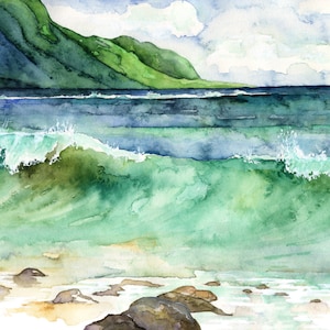 Watercolor Hawaii Painting - Print titled, "Green Waves", Tropical, Kauai, Sea, Ocean, Hawaii, Beach Decor, Watercolor Painting, Print, Wave