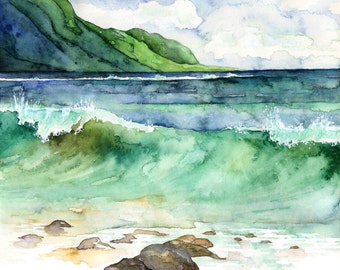 Watercolor Hawaii Painting - Print titled, "Green Waves", Tropical, Kauai, Sea, Ocean, Hawaii, Beach Decor, Watercolor Painting, Print, Wave