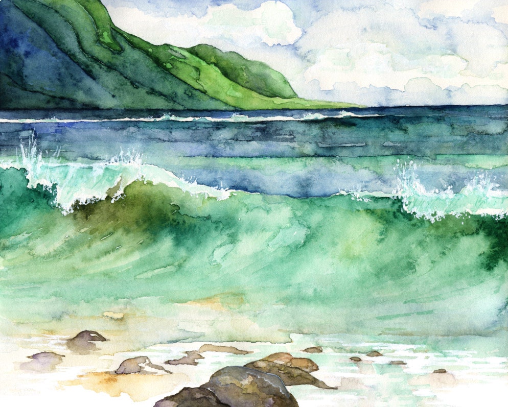 Watercolor Hawaii Painting Print Titled, green Waves, Tropical