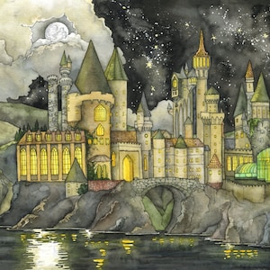 Wizarding School Painting - Print of Wizard Castle, Fantasy Castle, Fantasy Art, Magic, Wizarding School, Starry Night, Night Sky, Halloween