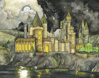 Wizarding School Castle Print - Painting of Fantasy Castle, Bookish Art