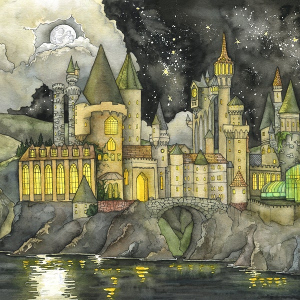 Wizarding School Painting - Print of Wizard Castle, Fantasy Castle, Fantasy Art, Magic, Wizarding School, Starry Night, Night Sky, Halloween
