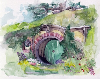 XLarge Bag End Painting - Sizes 16x20 and up, Watercolor Painting, Lord, Fantasy Art, Rings, Fantasy Painting, Middle, Fantasy Print, Earth