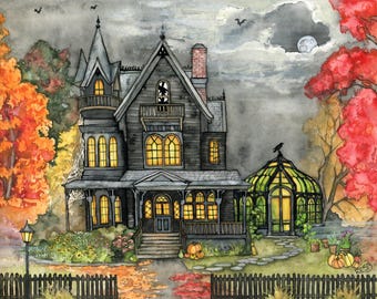 Haunted House Print - Autumn Cottagecore Decor, Dark Academia Wall Art, Spooky Halloween Painting, Witchy House Illustration, Fall Painting