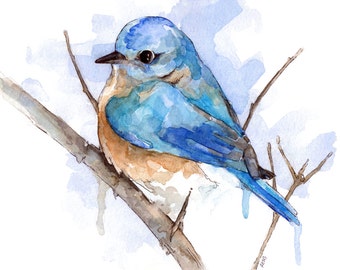 Bluebird Painting - Print from Original Watercolor Painting, "Bluebird", Home Decor