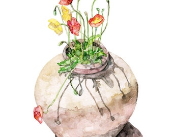 Poppy Painting - Print from Original Watercolor Painting, "Potted Poppies", Watercolor Flowers, Red Poppies, Botanical