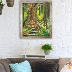 May include: A watercolor painting of a whimsical treehouse nestled within a lush forest. The treehouse has a wooden door and steps leading up to it. The forest is filled with green foliage, glowing lights, and mushrooms.
