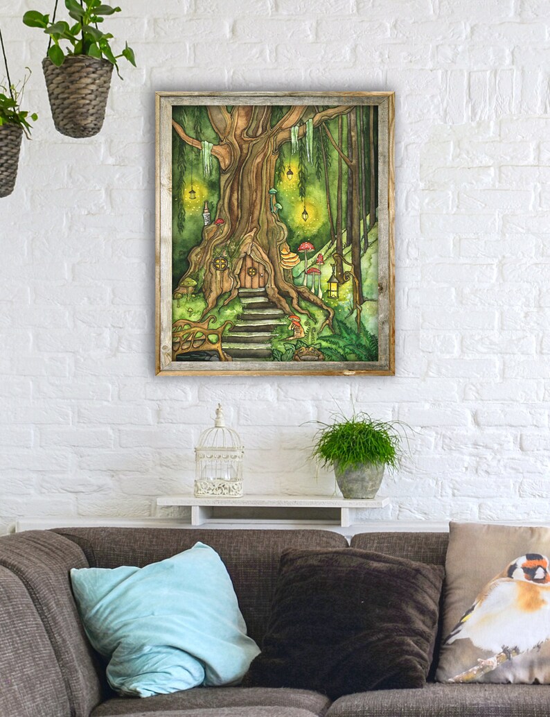 May include: A watercolor painting of a whimsical treehouse nestled within a lush forest. The treehouse has a wooden door and steps leading up to it. The forest is filled with green foliage, glowing lights, and mushrooms.