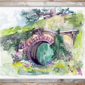 May include: Watercolor painting of a hobbit hole with a green door. The hole is surrounded by lush greenery and a tree.
