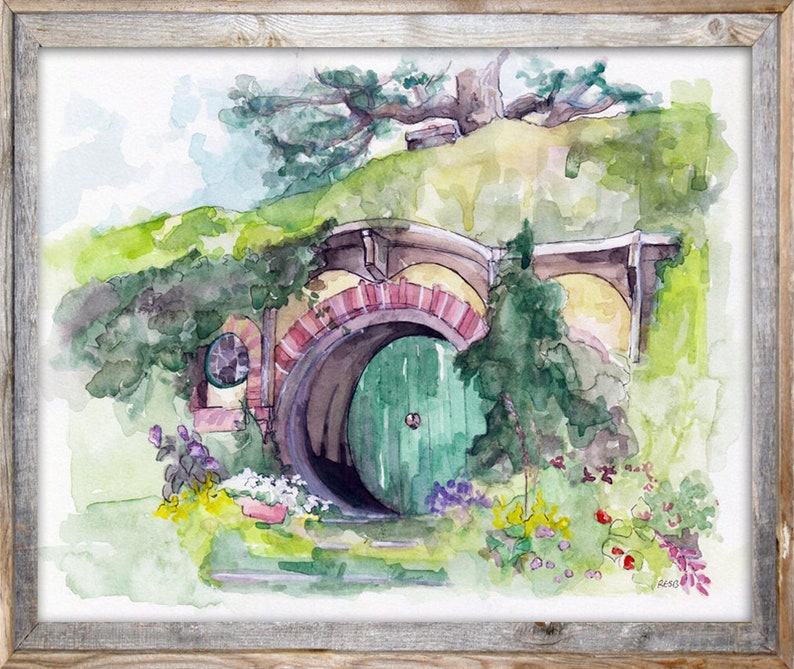 May include: Watercolor painting of a hobbit hole with a green door. The hole is surrounded by lush greenery and a tree.