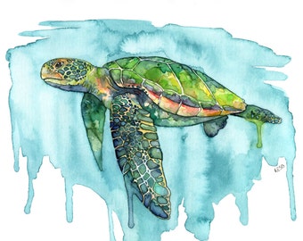 Sea Turtle Painting, Watercolor Painting, Sea Turtle Print, Sea Turtle Wall Art, Beach Decor, Print, Green Sea Turtle, Print titled, "Honu"