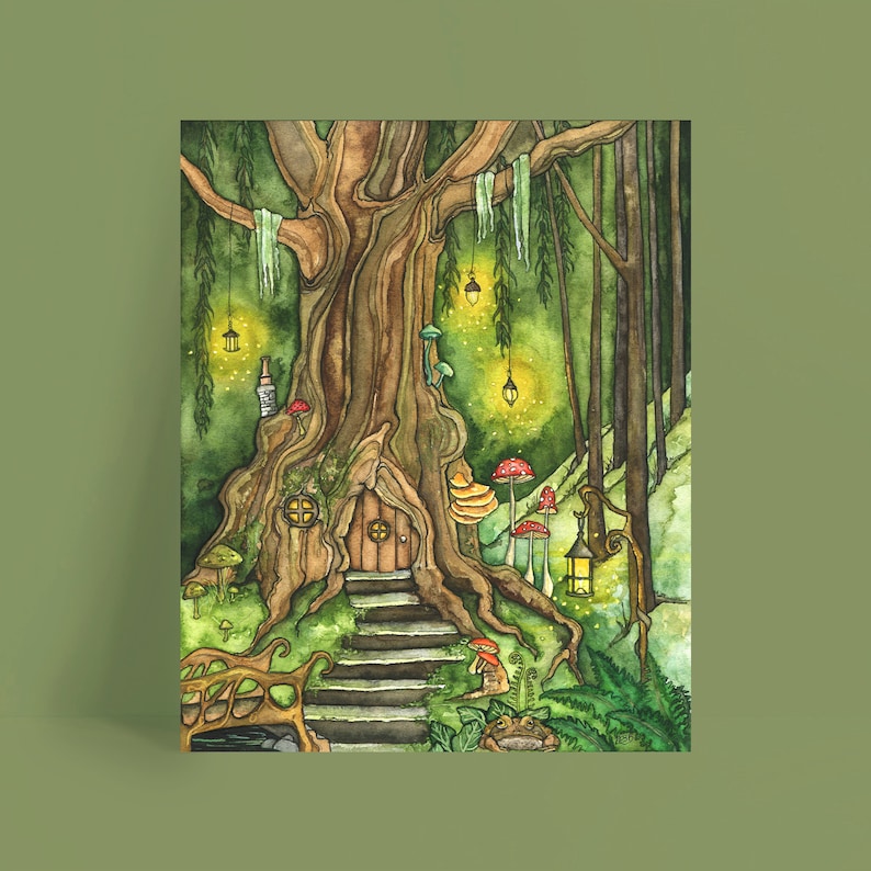 May include: A watercolor painting of a tree house nestled in the trunk of a large, leafy tree. The tree house has a small door and windows, and there are mushrooms growing around it. The scene is lit by glowing lanterns hanging from the branches.
