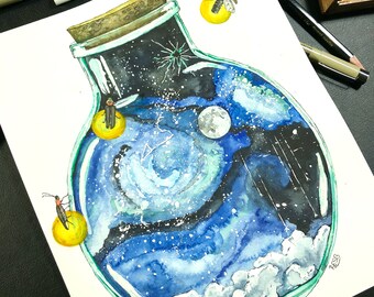 水彩画 銀河 水彩画、銀河の絵、夜空、銀河のプリント、星、星空、水彩画