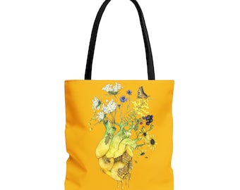 Wildflower Tote Bag - Canvas tote bag with Anatomical Heart Print, Botanical Shopping Bag, Bees