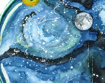 水彩画 銀河 銀河の絵、水彩画、夜空、ボトル、銀河、星、月、ホタル、水彩画