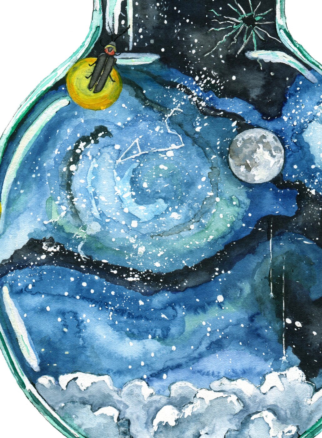 水彩画 銀河 銀河の絵、水彩画、夜空、ボトル、銀河、星、月、ホタル、水彩画