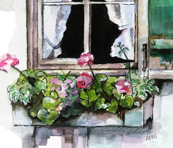 絵画　花　窓 窓の絵 - オリジナルの水彩画からのプリント、「緑の窓」、庭の装飾