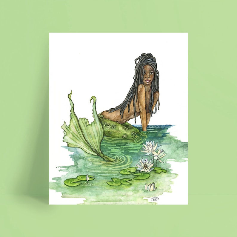 Mermaid Painting, Watercolor Painting, Mermaid Art, Mermaid Decor, Mermaid Print, Nursery Art, Waterlily, Print titled, The River Guardian image 3