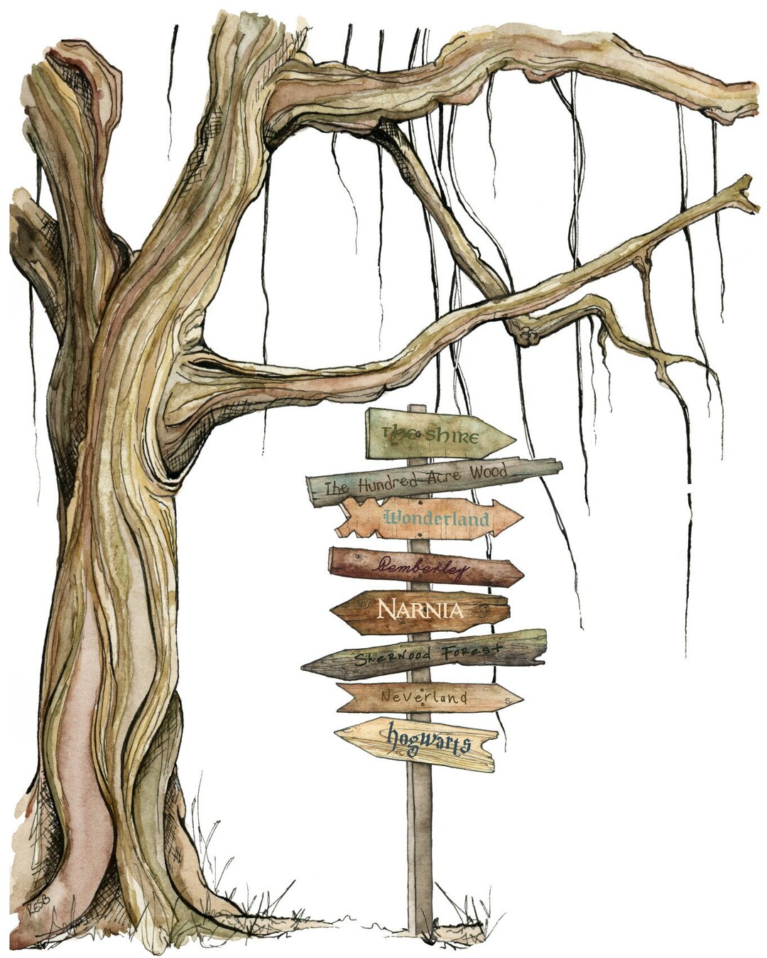 Storybook Signpost Tree Print Customizable Literary Signpost, Fantasy