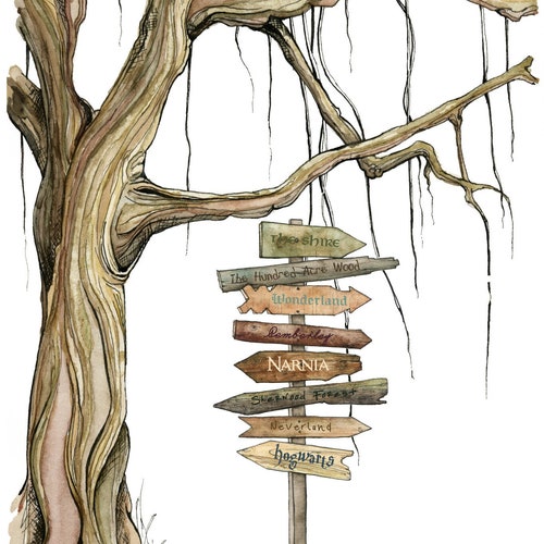 Storybook Signpost Tree Print - Panneau littéraire personnalisable, Panneau fantastique, Art du livre, Livre de contes, Panneau aquarelle