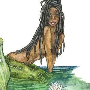 Mermaid Painting, Watercolor Painting, Mermaid Art, Mermaid Decor, Mermaid Print, Nursery Art, Waterlily, Print titled, The River Guardian image 6