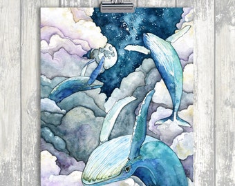 クジラの絵、水彩画、クジラの版画、夜空、クジラのアート クジラの絵、水彩画、クジラの版画、夜空、クジラのアート