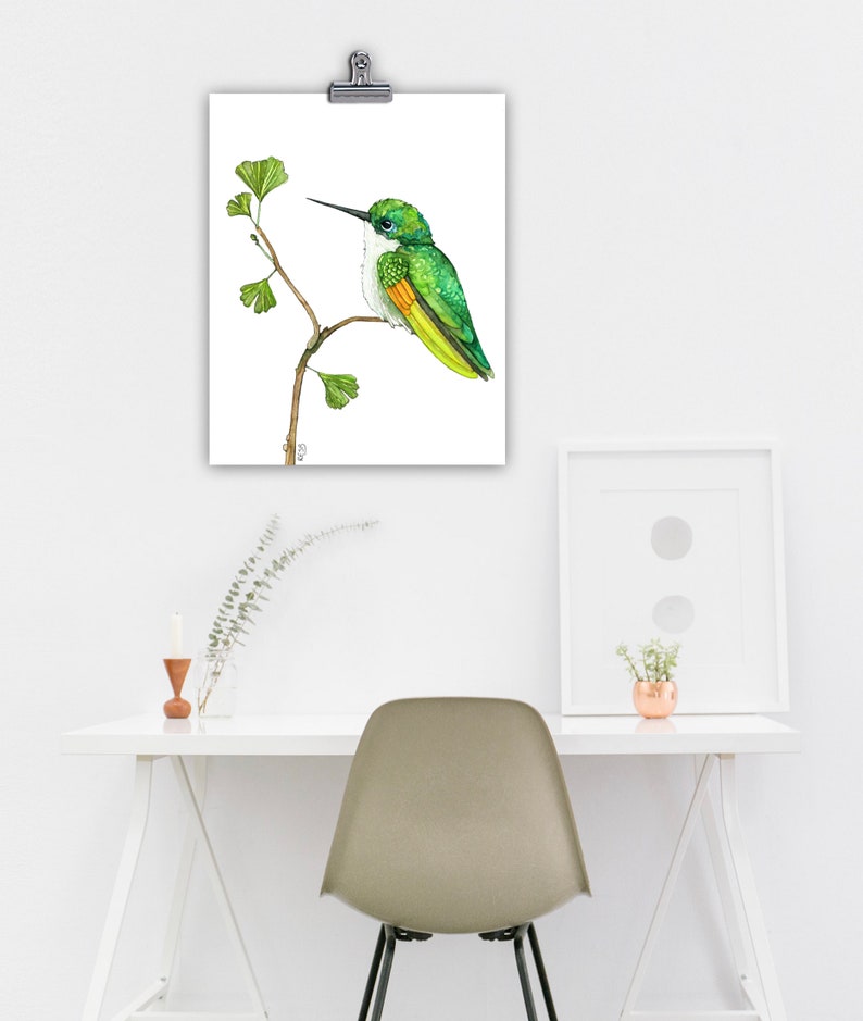 May include: A watercolour painting of a green hummingbird perched on a branch with green leaves. The hummingbird has a long, thin beak and a white throat.