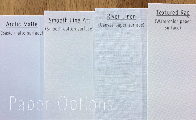 May include: Four different paper textures for printing: Arctic Matte (Basic matte surface), Smooth Fine Art (Smooth cotton surface), River Linen (Canvas paper surface), and Textured Rag (Watercolor paper surface).