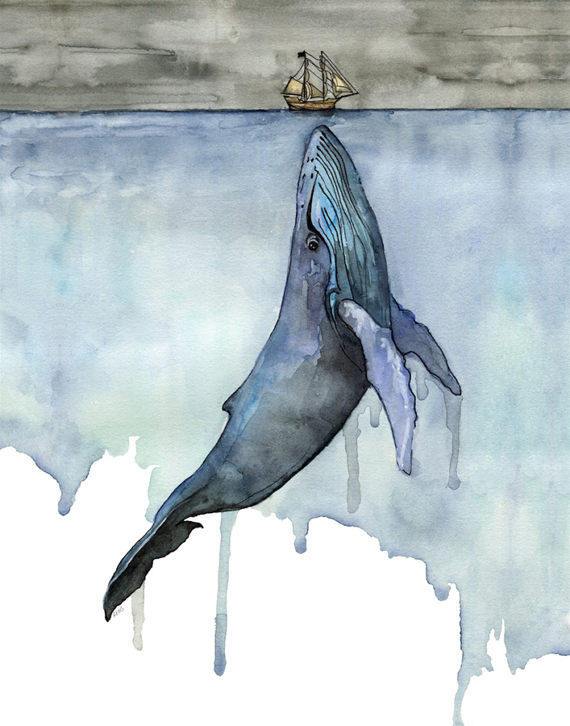 XLARGE Watercolor Whale Painting - Sizes 16x20 and up, "Fathoms …