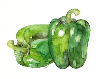 Bell Pepper Painting - Print from Original Watercolor Painting, "Bell Peppers", Kitchen Decor, Green Pepper, Kitchen Art, Vegetable