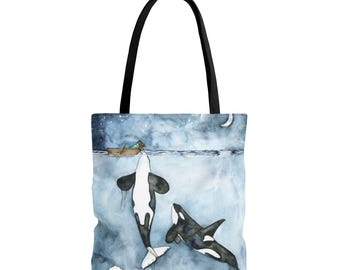 Bolsa de mano con orca y niña - Bolsa de mano con ballena, bolsa de compras con estampado de lona, orca
