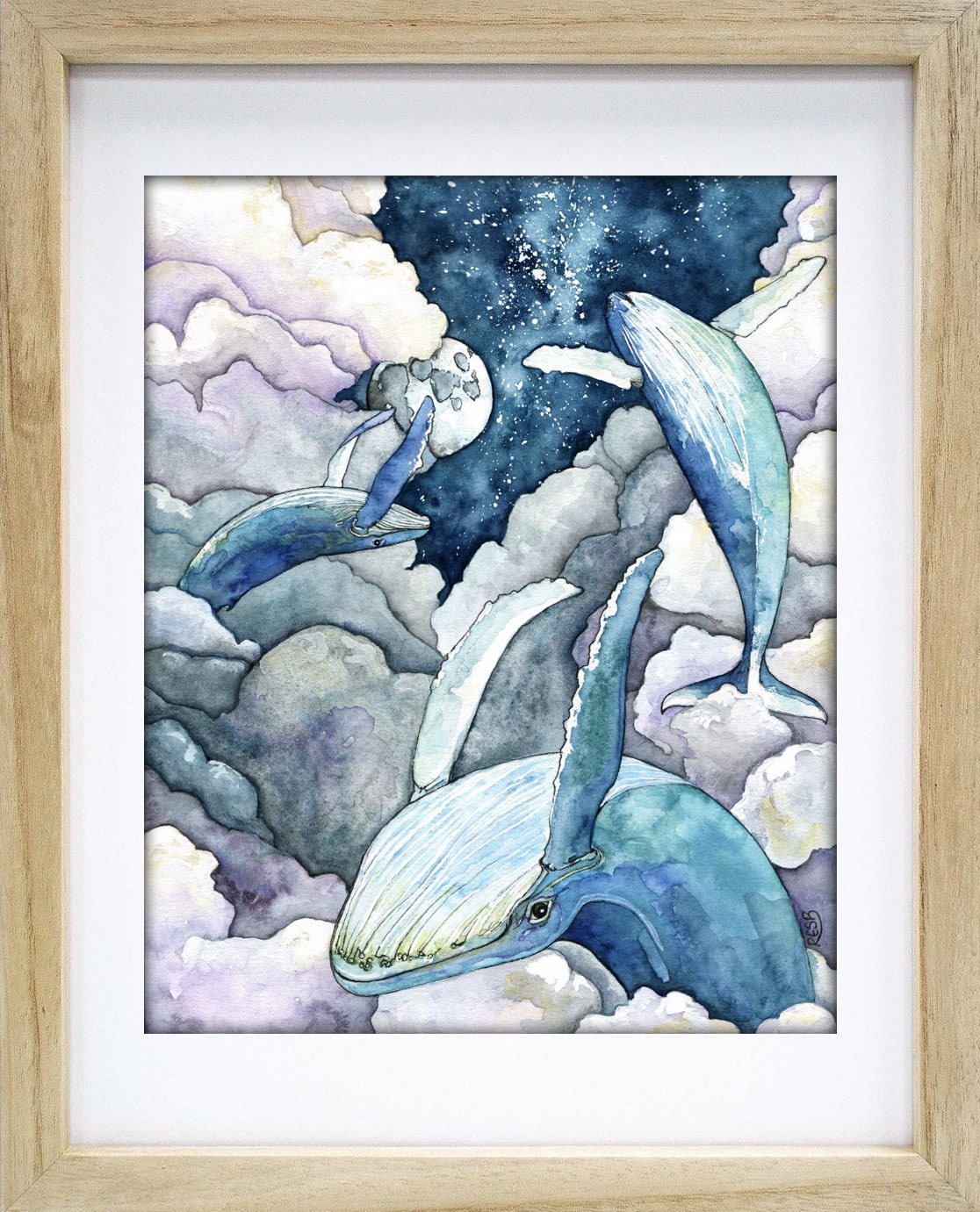 クジラの絵、水彩画、クジラの版画、夜空、クジラのアート クジラの絵、水彩画、クジラの版画、夜空、クジラのアート