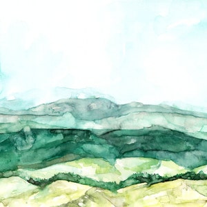 Abstract Hillside - Print from Original Watercolor Painting, "Tower HIlls", Wall Decor, Watercolor Landscape, Green Abstract