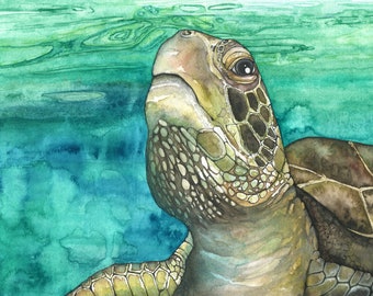 Sea Turtle Painting - Print of Green Sea Turtle Underwater, Watercolor Painting, Sea Turtle Art