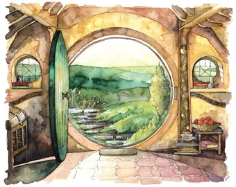 Bag End Painting, Aquarelle, Bag End Art, Lord, Fantasy Art, Jrr, Rings, Fantasy Painting, Print intitulé « Dans un trou dans le... »